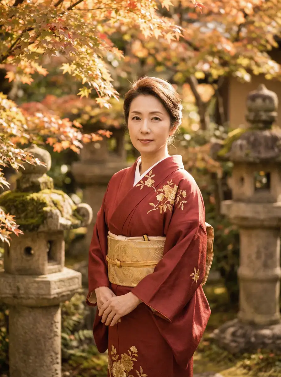 一位身穿暗红色和服的优雅 寸止挑战-热门挑战秀|免费参与|最新发布 在日式庭院中